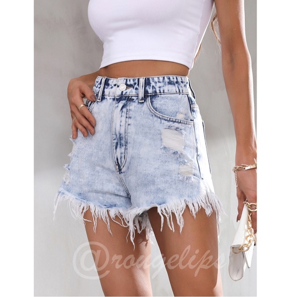 Light Wash Blue Denim Shorts Distressed Ripped High Waist Raw Hem - Picture 6 of 11